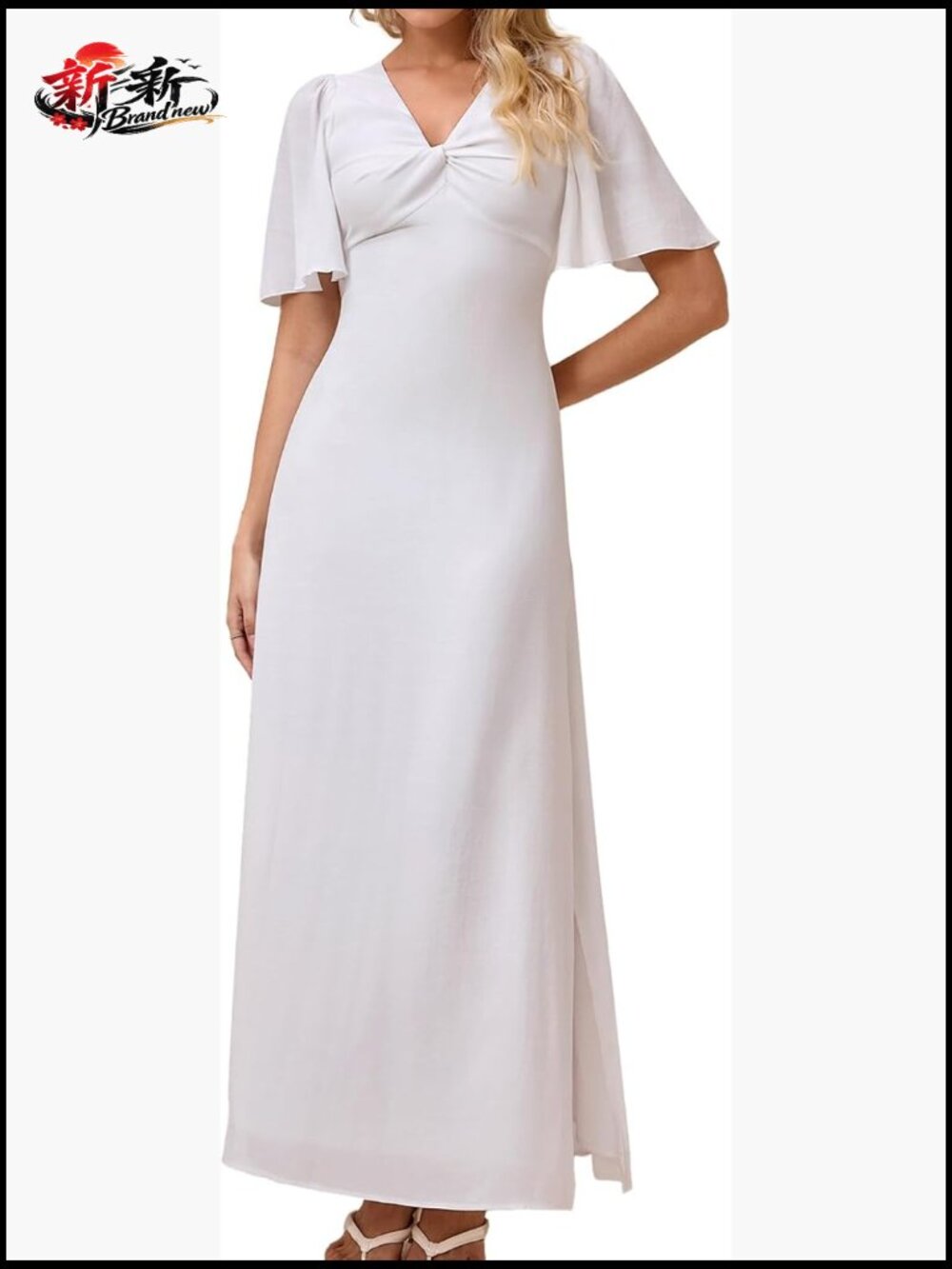Flutter Short Sleeve V-Neck Twist Front Maxi Dress A-Line Side Slit